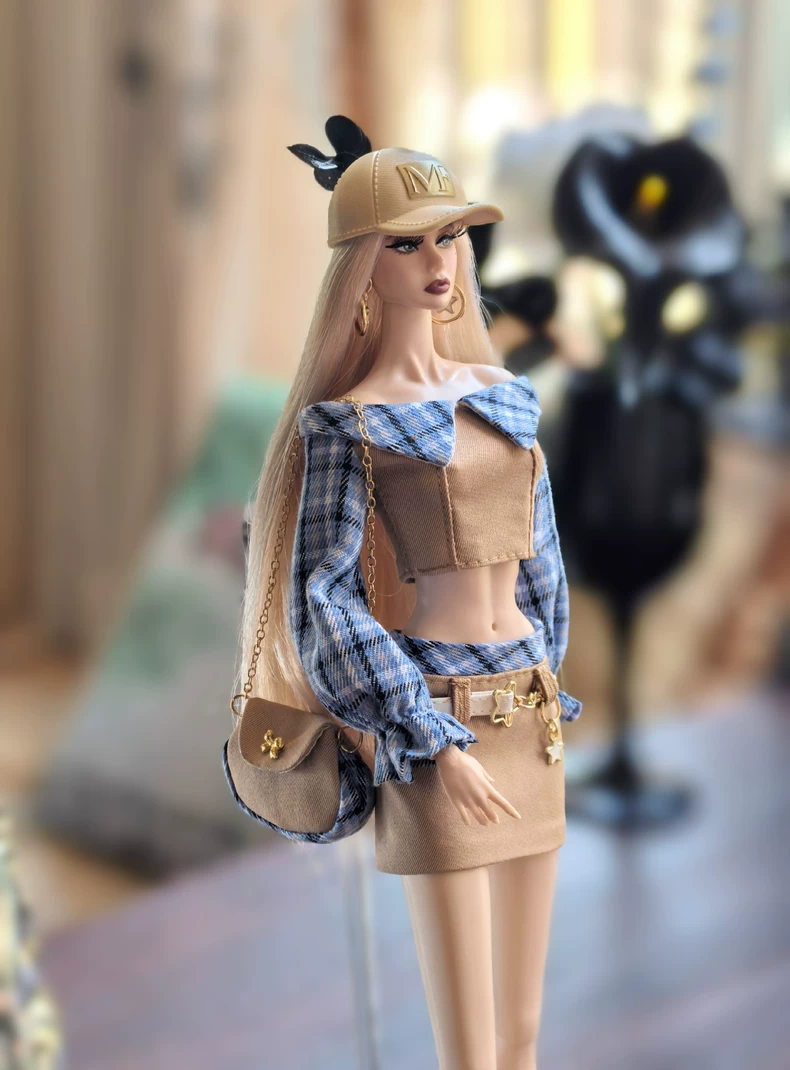 Beige & Blue Plaid BJD 1/6 Outfit Set w/ Top, Skirt/Pants & Accessories | Premium Doll Clothes - Image 4