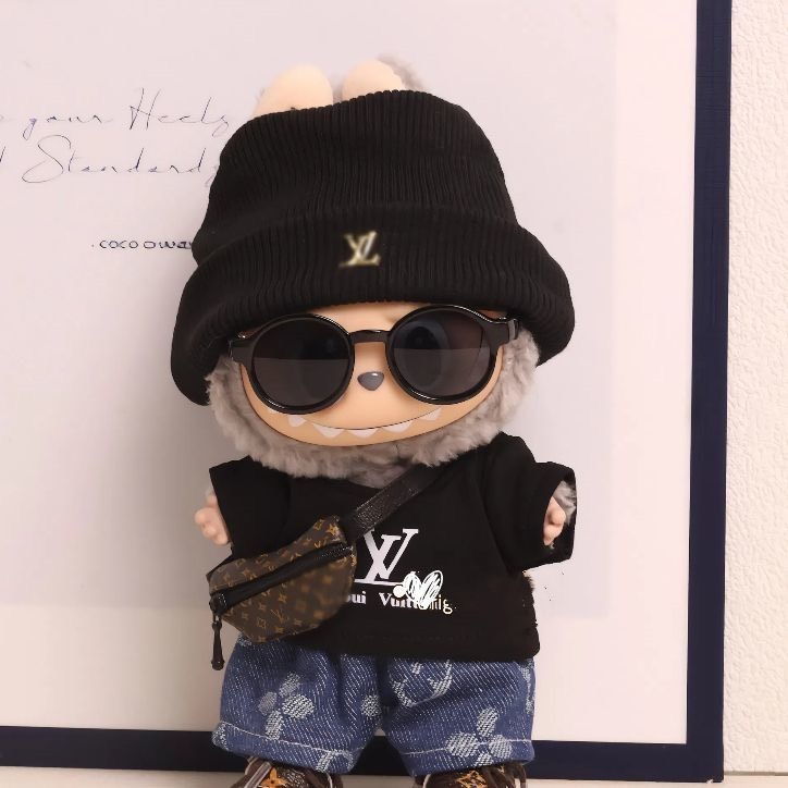 Luxury LV-Inspired Labubu Doll Outfit: Knit Hat, T-Shirt, Shorts & Sneakers – Premium 15/17cm Fashion Set - Image 1