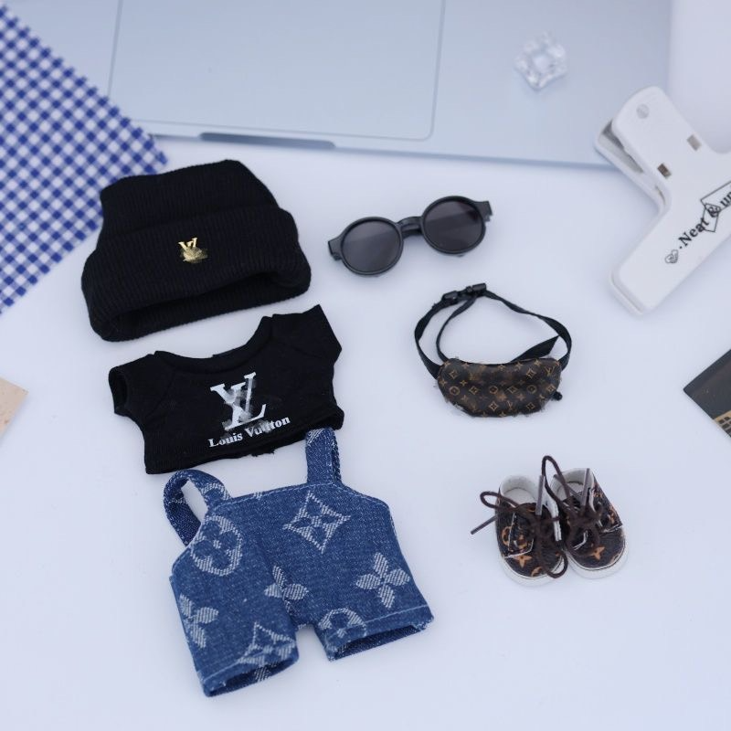 Luxury LV-Inspired Labubu Doll Outfit: Knit Hat, T-Shirt, Shorts & Sneakers – Premium 15/17cm Fashion Set - Image 2