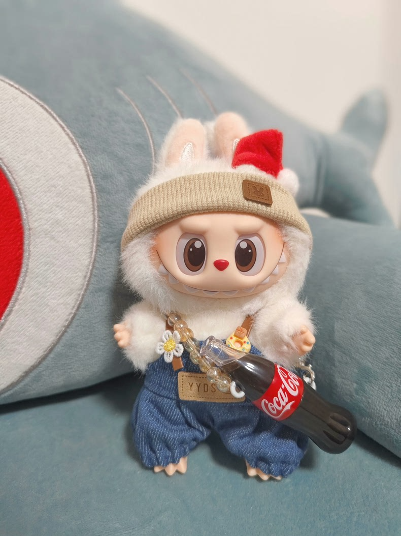 Coca-Cola Themed Labubu Doll Outfit – Denim Overalls & Knit Hat with Custom Accessories - Image 1