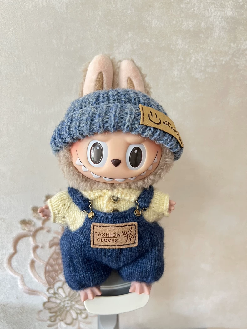 Charming Labubu Doll Outfit: Cozy Knit Yellow Sweater & Blue Overalls by Bubble Mart - Image 1