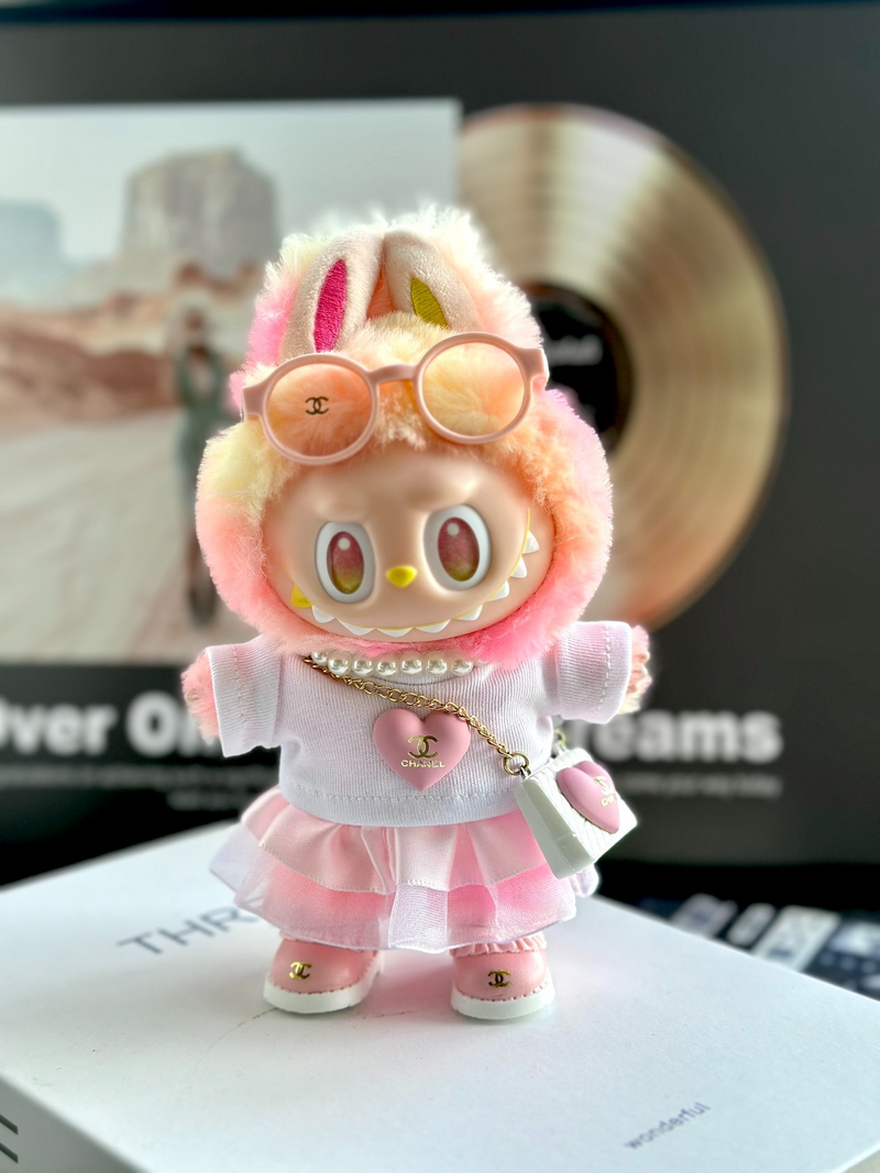 Chic Pastel LABUBU Doll Outfit with Designer Accessories – Luxurious & Whimsical Fashion Ensemble - Image 1