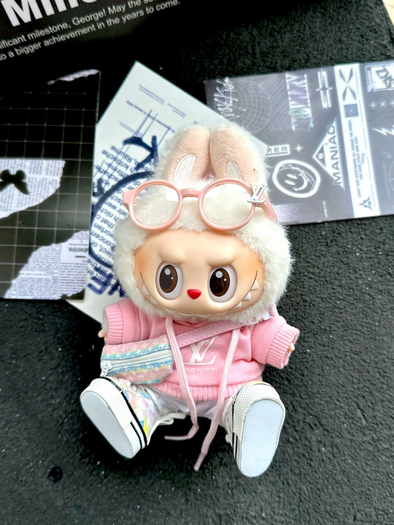 Stylish LABUBU Doll Outfit: Pink Hoodie & White Shorts Set with Trendy Accessories - Image 1
