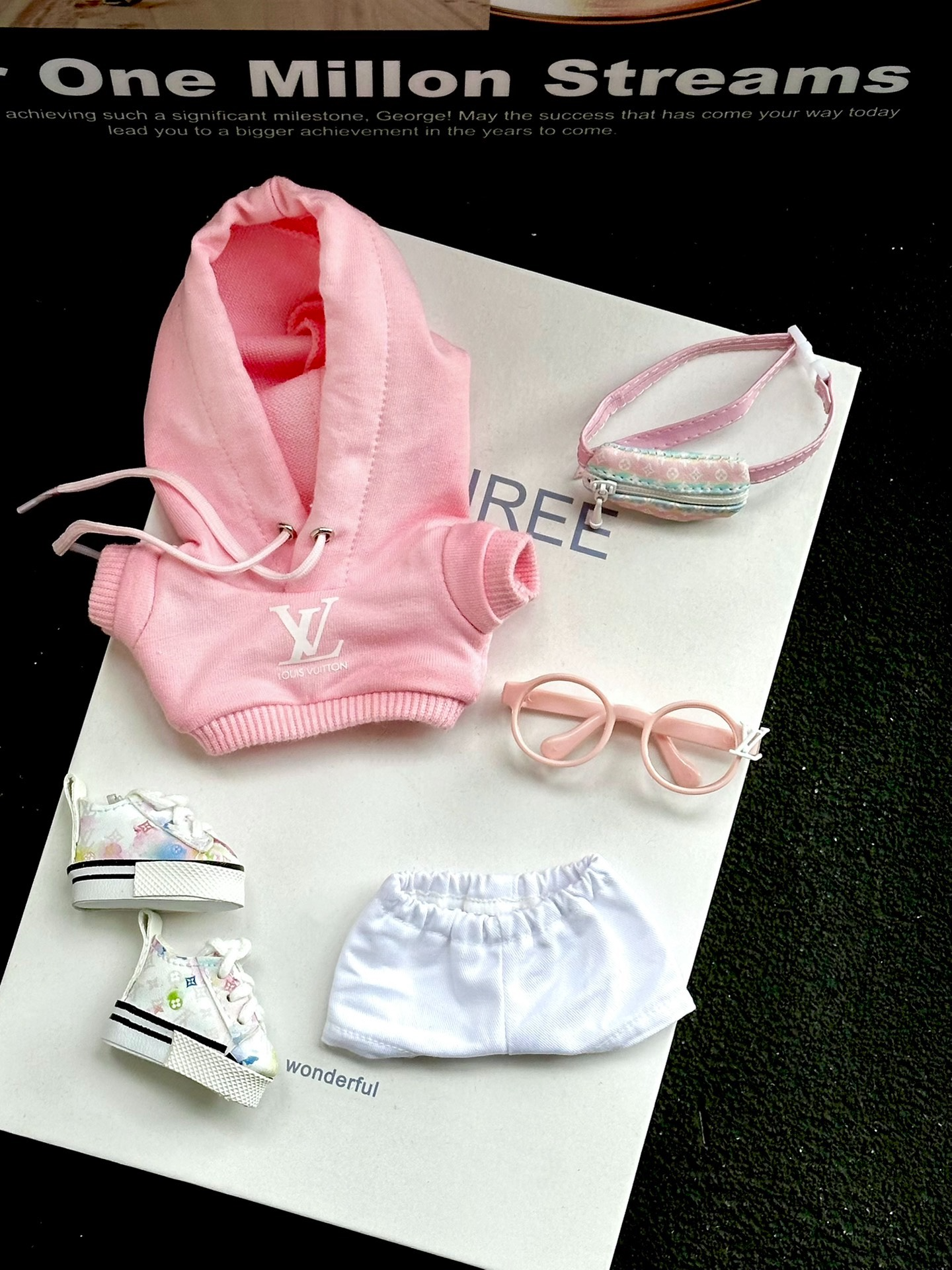 Stylish LABUBU Doll Outfit: Pink Hoodie & White Shorts Set with Trendy Accessories - Image 2