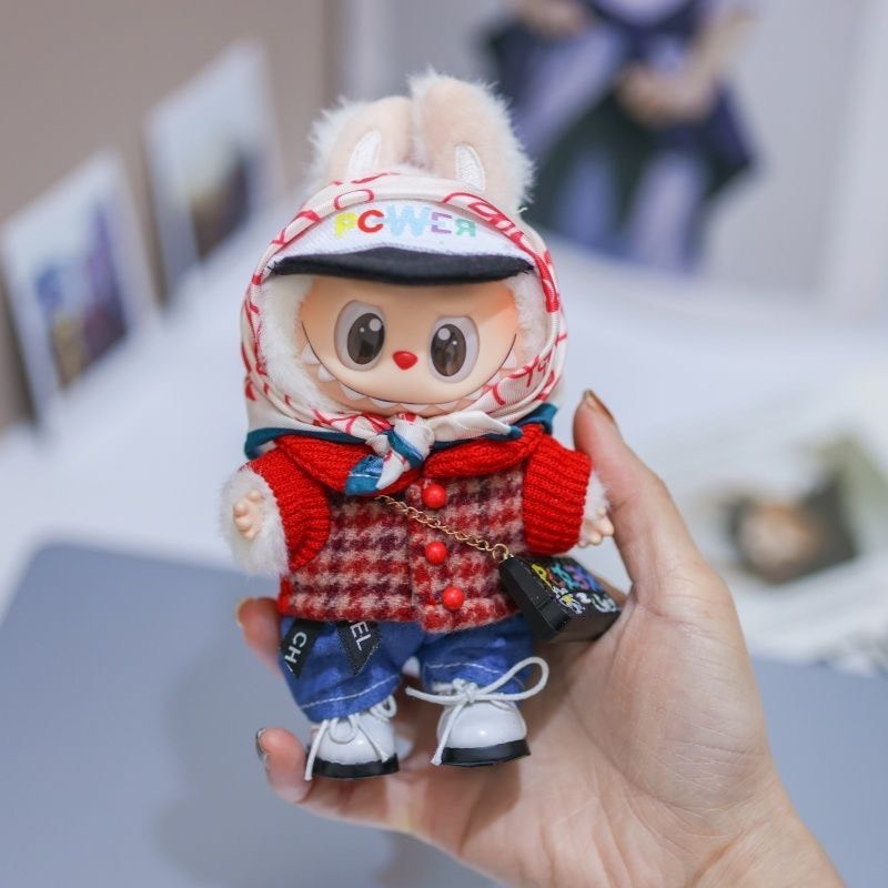LABUBU Doll Outfit: GD-Inspired Red Plaid Vest & POWER Cap Set for 15/17cm Dolls - Image 4