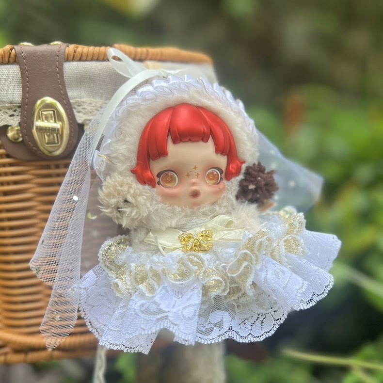 Whimsical Skullpanda Lace Dress & Veil Set – Elegant Golden Starry Doll Outfit for Collectors - Image 1