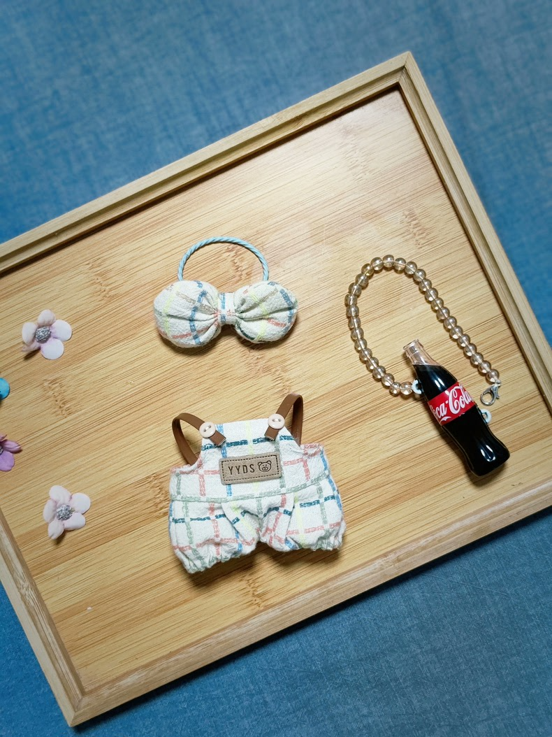 Charming Labubu Doll Outfit – Plaid Jumpsuit & Bow with Coca-Cola Chain - Image 2