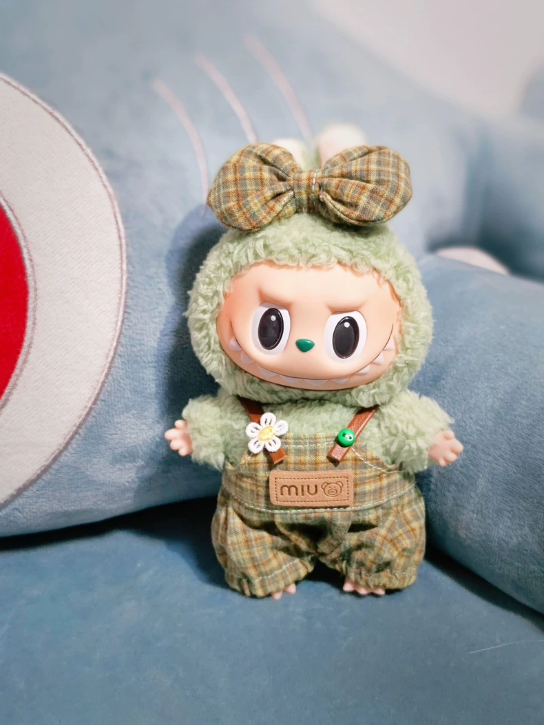 Customizable Labubu Doll Outfit: Cozy Plush Top & Plaid Overalls with Bow - Image 1