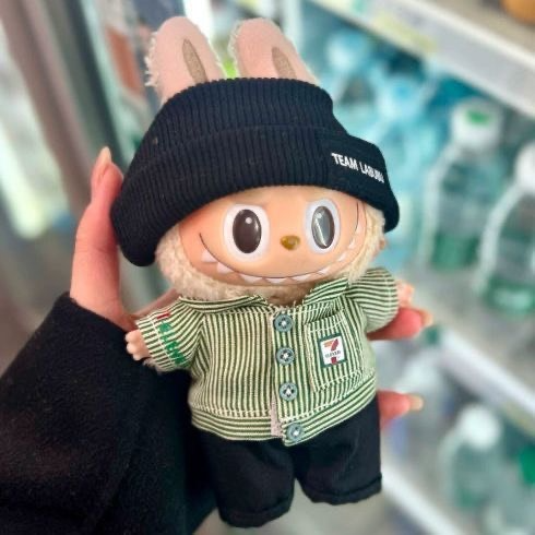 Stylish LABUBU Doll Outfit by POP MART: Black & Green Striped Set with Hat, Shirt & Pants - Image 2