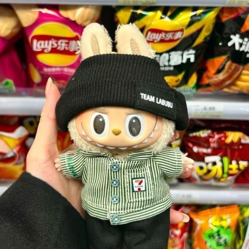 Stylish LABUBU Doll Outfit by POP MART: Black & Green Striped Set with Hat, Shirt & Pants - Image 4