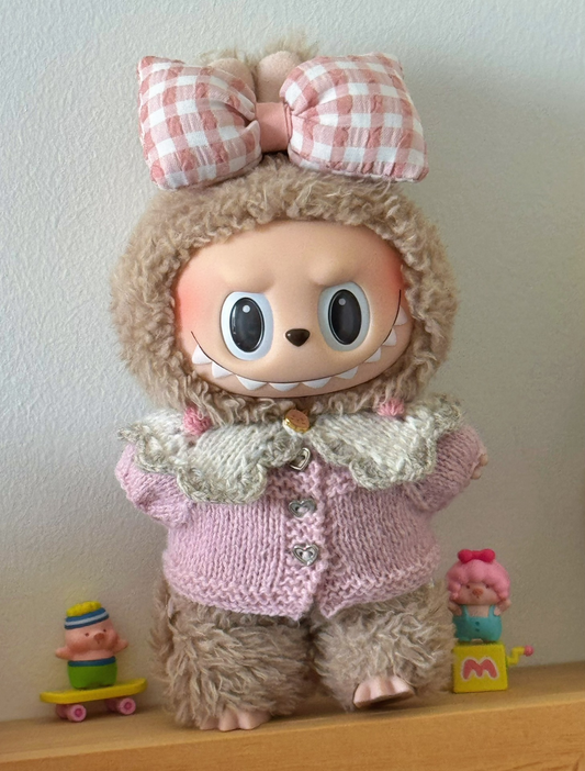 Adorable Labubu Doll Outfit Set – Cozy Knit Cardigan, Scarf & Bows – Pastel Charm - Image 1