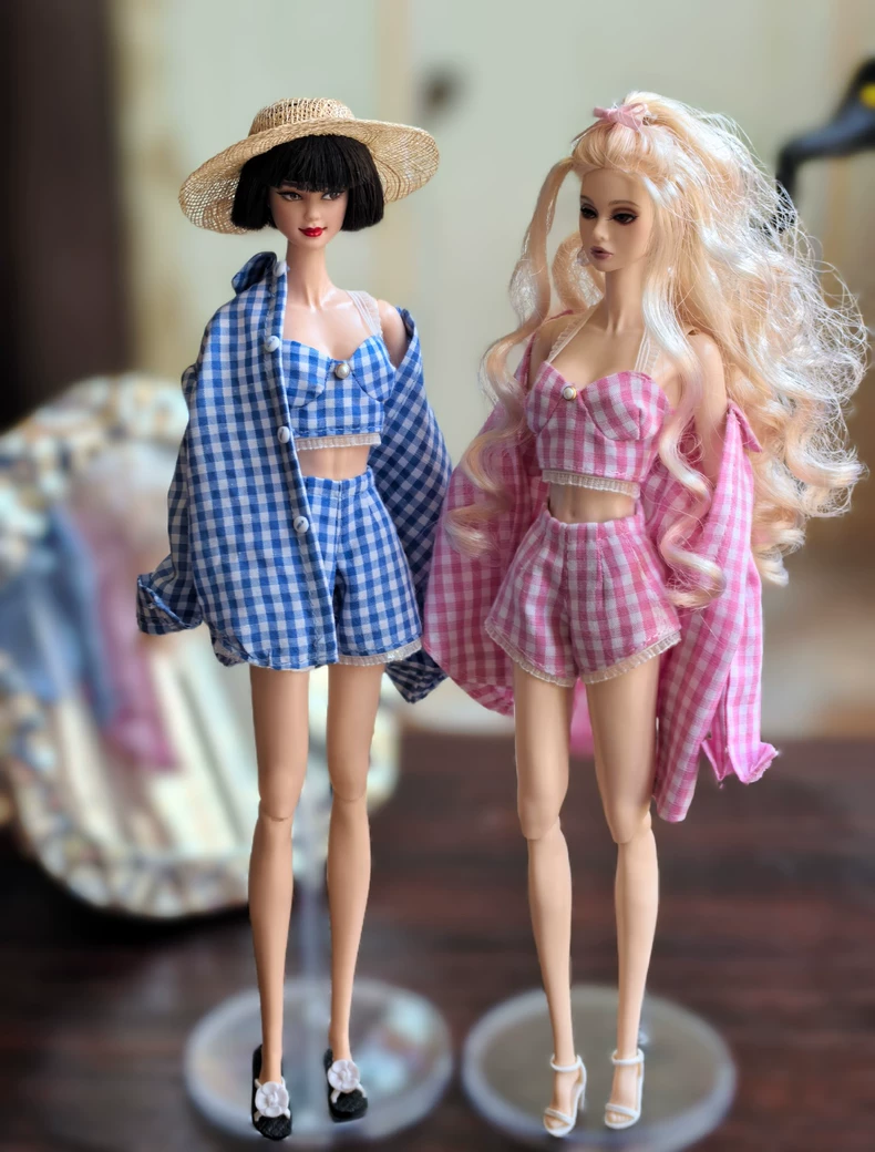Vibrant Summer BJD Outfit: Blue & Pink Gingham Doll Clothes with Accessories - Image 1