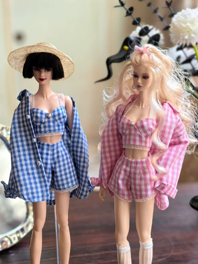 Vibrant Summer BJD Outfit: Blue & Pink Gingham Doll Clothes with Accessories - Image 3