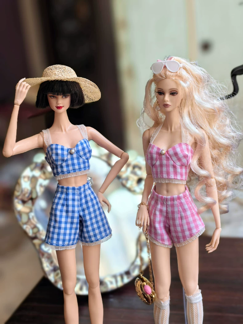 Vibrant Summer BJD Outfit: Blue & Pink Gingham Doll Clothes with Accessories - Image 4