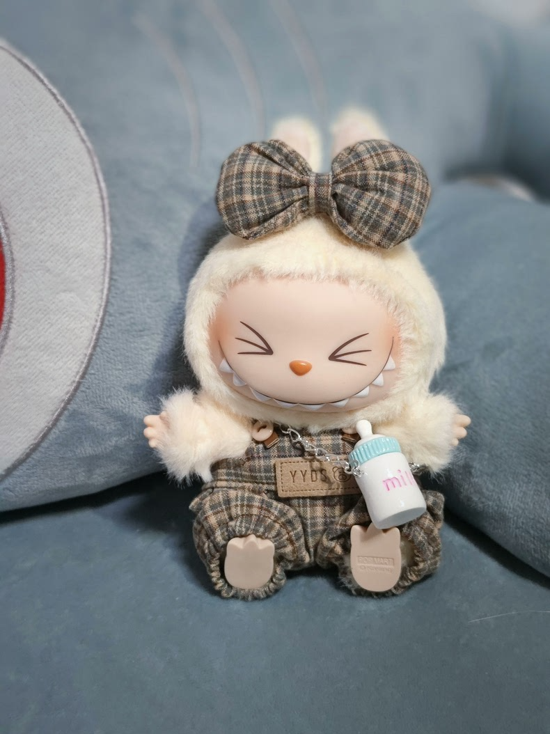 Charming Labubu Doll Outfit – Plaid Bow & Plush Texture for Adorable Style - Image 1