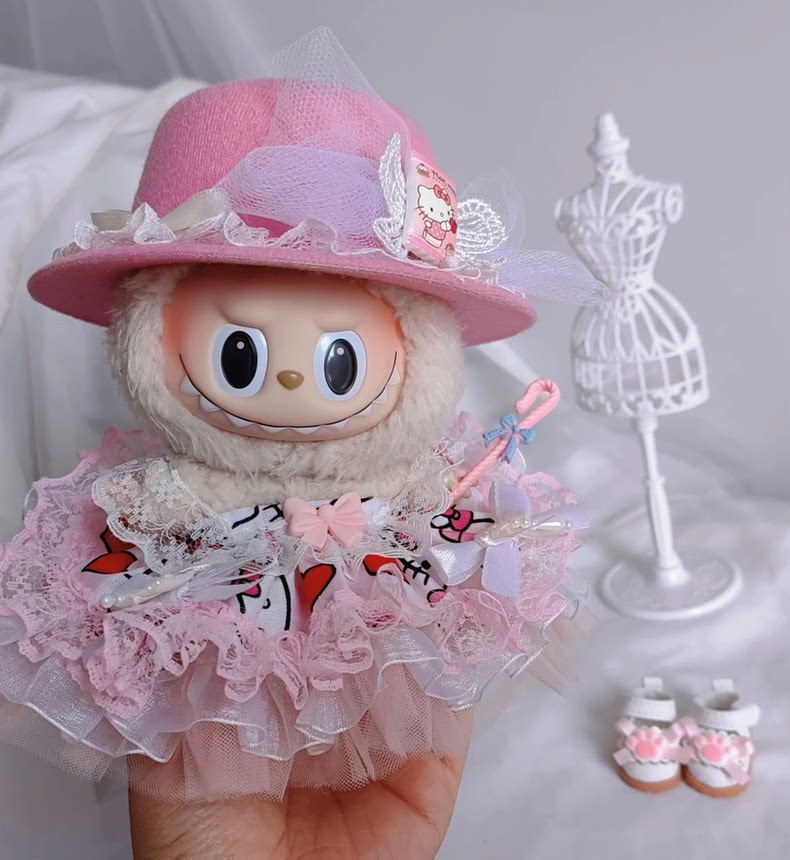 Adorable Hello Kitty Labubu Doll Outfit – Pink Dress, Hat & Walking Stick for 17cm Dolls - Image 2
