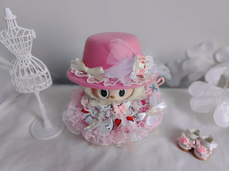 Adorable Hello Kitty Labubu Doll Outfit – Pink Dress, Hat & Walking Stick for 17cm Dolls - Image 6