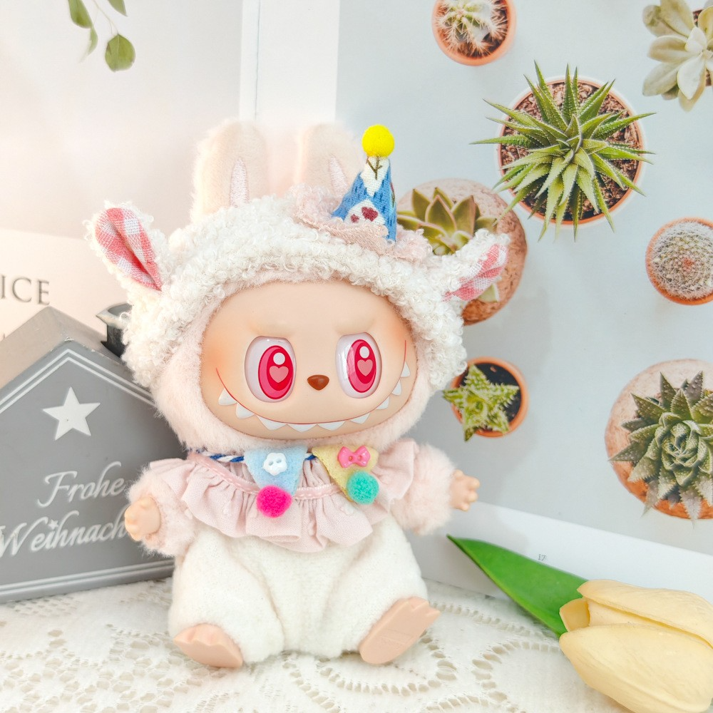 Charming Labubu Lamb Outfit for Dolls – Soft Pink & White Plush Ensemble with Party Hat & Accessories - Image 2