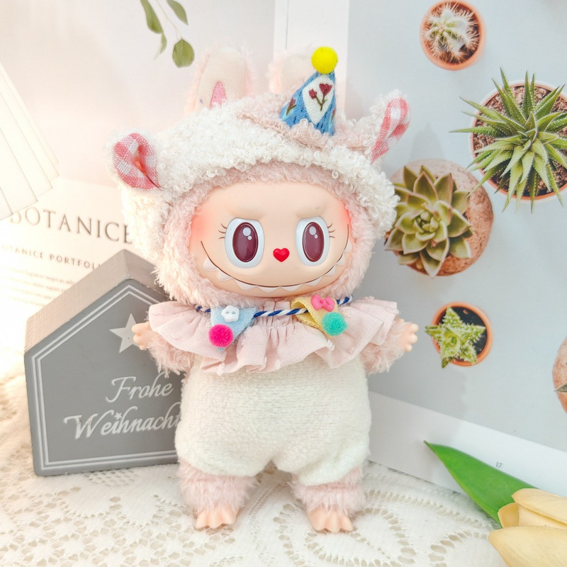 Charming Labubu Lamb Outfit for Dolls – Soft Pink & White Plush Ensemble with Party Hat & Accessories - Image 3