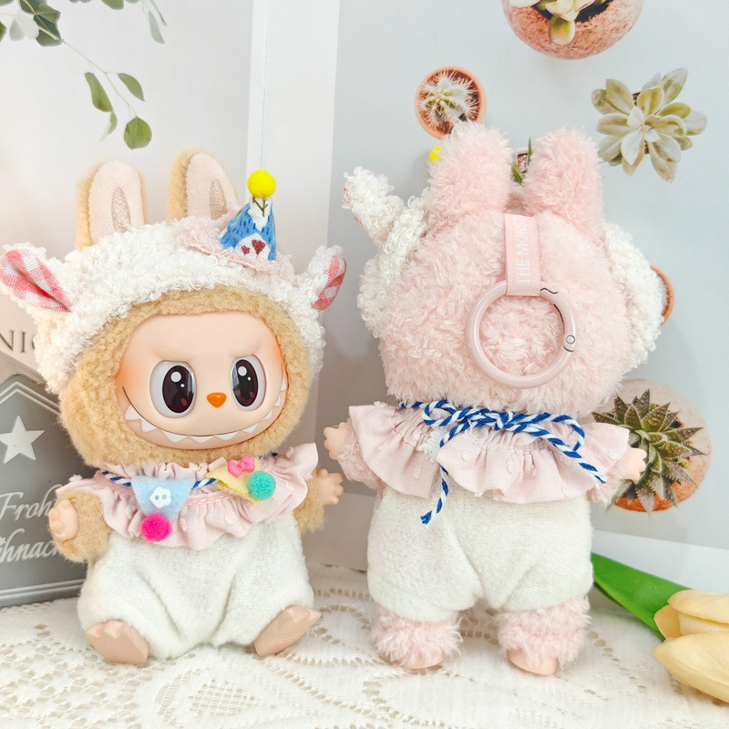 Charming Labubu Lamb Outfit for Dolls – Soft Pink & White Plush Ensemble with Party Hat & Accessories - Image 4