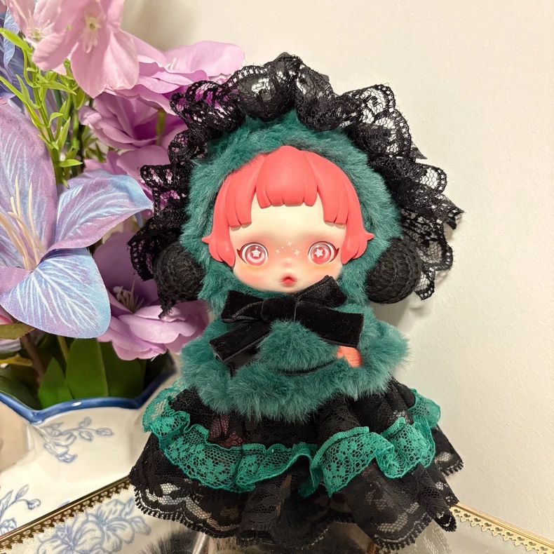 Whimsical Skullpanda Doll Outfit – Elegant Lace & Plush Green & Black Skirt Set for Collectors - Image 1