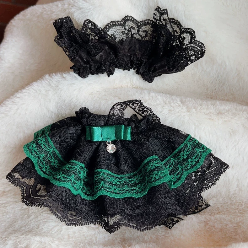 Whimsical Skullpanda Doll Outfit – Elegant Lace & Plush Green & Black Skirt Set for Collectors - Image 3