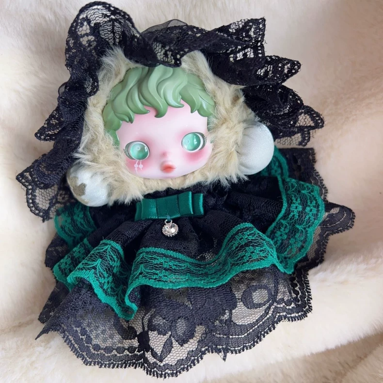 Whimsical Skullpanda Doll Outfit – Elegant Lace & Plush Green & Black Skirt Set for Collectors - Image 5