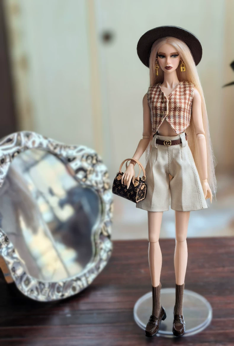 Victorian Luxe BJD Outfit: Premium Tweed Vest & Shorts Set w/ Hat | Barbie Compatible 1/6 Scale - Image 3
