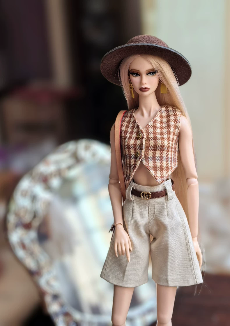 Victorian Luxe BJD Outfit: Premium Tweed Vest & Shorts Set w/ Hat | Barbie Compatible 1/6 Scale - Image 4