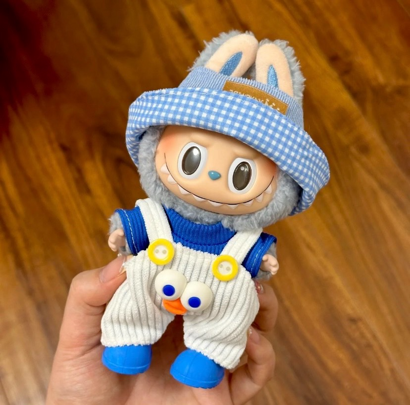 Charming Labubu Doll Outfit: Blue Checkered Hat, Cozy Sweater & Adorable Corduroy Overalls - Image 1