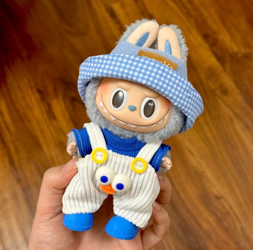 Charming Labubu Doll Outfit: Blue Checkered Hat, Cozy Sweater & Adorable Corduroy Overalls - Image 1
