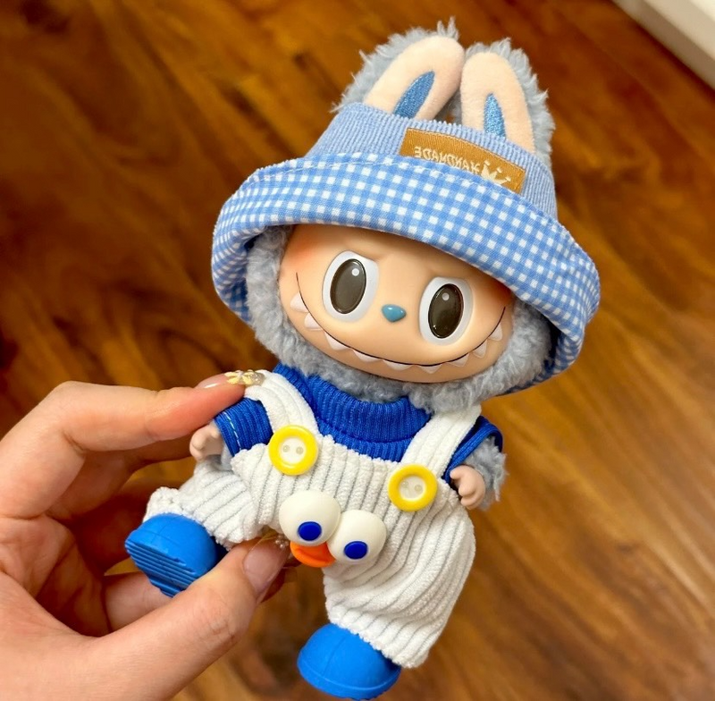 Charming Labubu Doll Outfit: Blue Checkered Hat, Cozy Sweater & Adorable Corduroy Overalls - Image 2