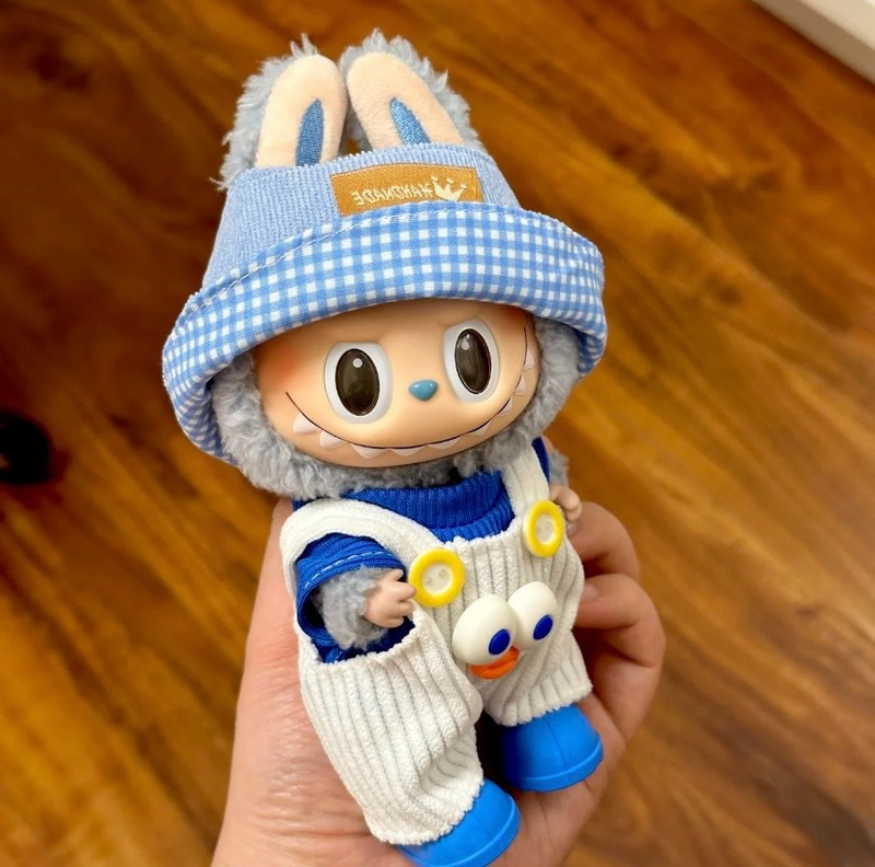 Charming Labubu Doll Outfit: Blue Checkered Hat, Cozy Sweater & Adorable Corduroy Overalls - Image 3