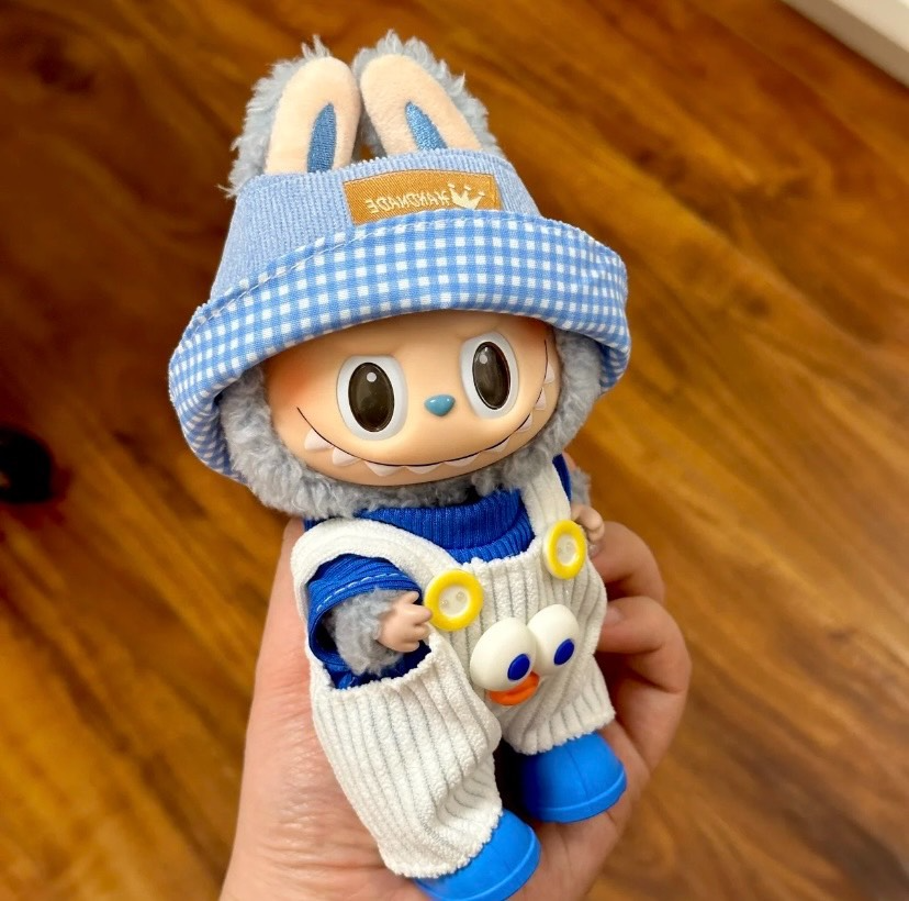 Charming Labubu Doll Outfit: Blue Checkered Hat, Cozy Sweater & Adorable Corduroy Overalls - Image 3