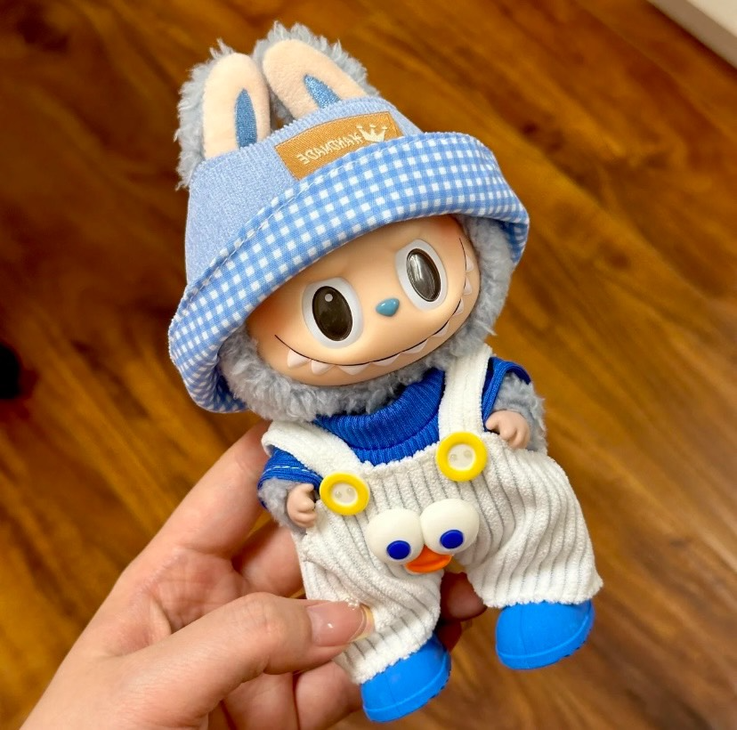 Charming Labubu Doll Outfit: Blue Checkered Hat, Cozy Sweater & Adorable Corduroy Overalls - Image 4