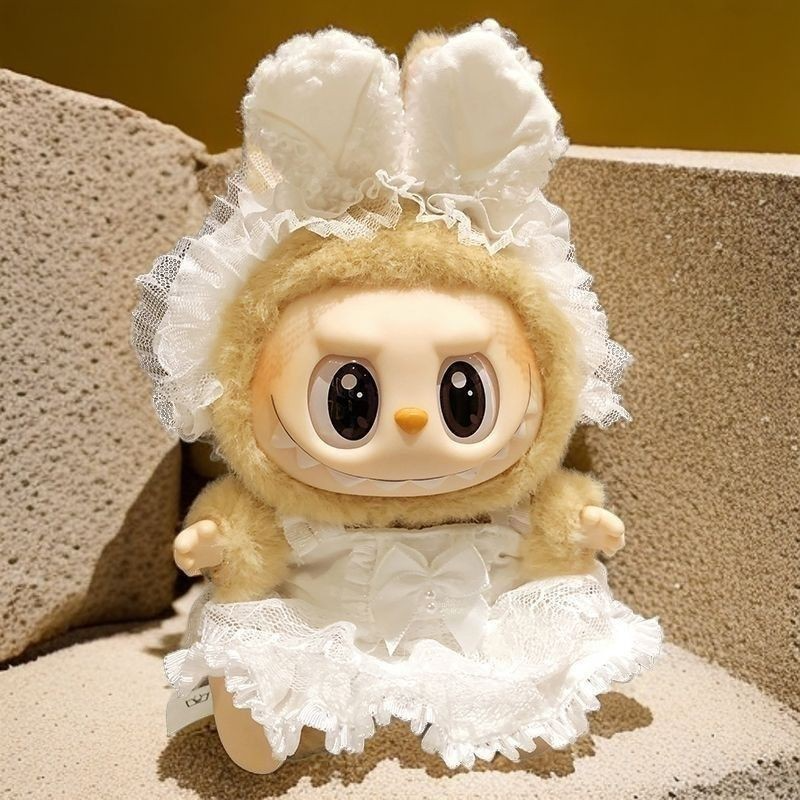 Whimsical LABUBU Bridal Ensemble: Elegant Lace Dress & Bunny Ears for Collectors - Image 1