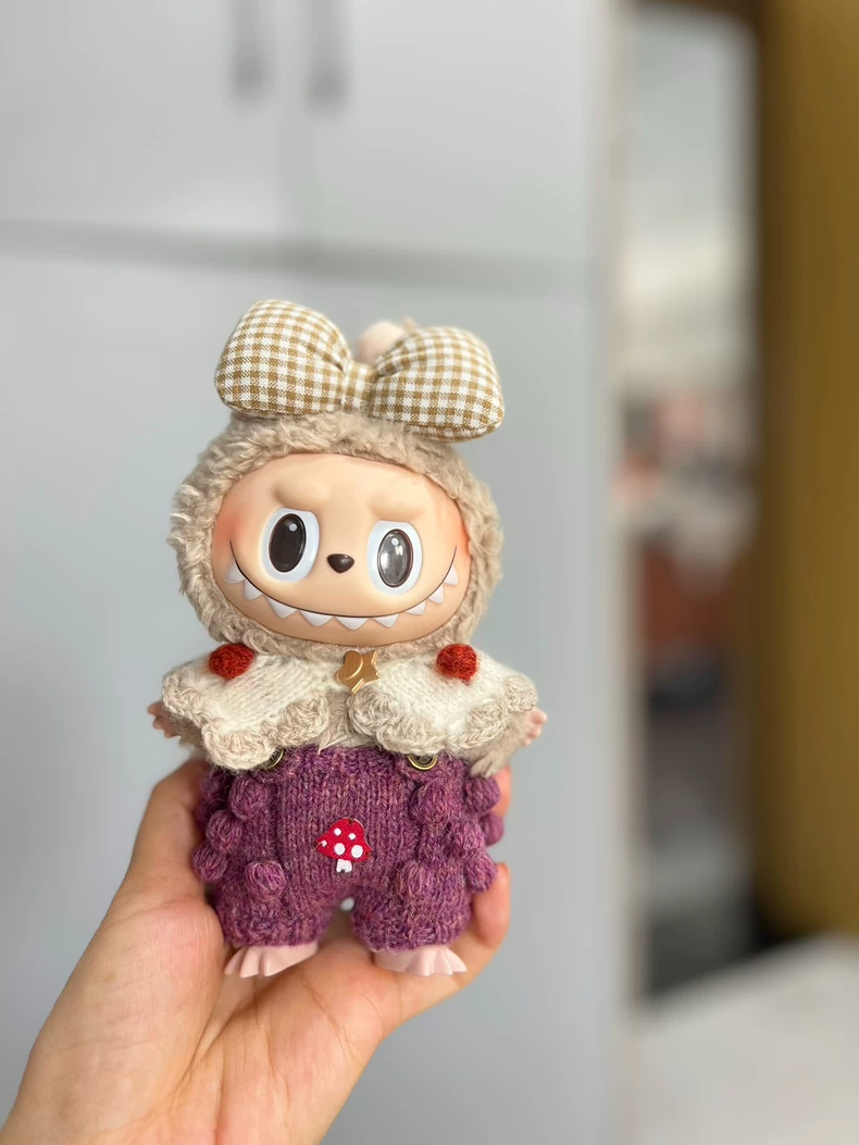 Adorable LABUBU Outfit: Purple Mushroom Suspenders & Pom-Pom Hood Set – Premium Doll Clothes - Image 1