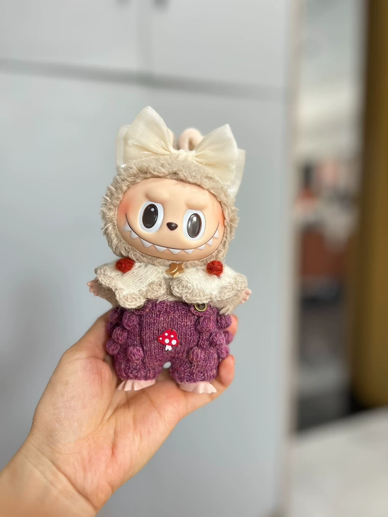 Adorable LABUBU Outfit: Purple Mushroom Suspenders & Pom-Pom Hood Set – Premium Doll Clothes - Image 2