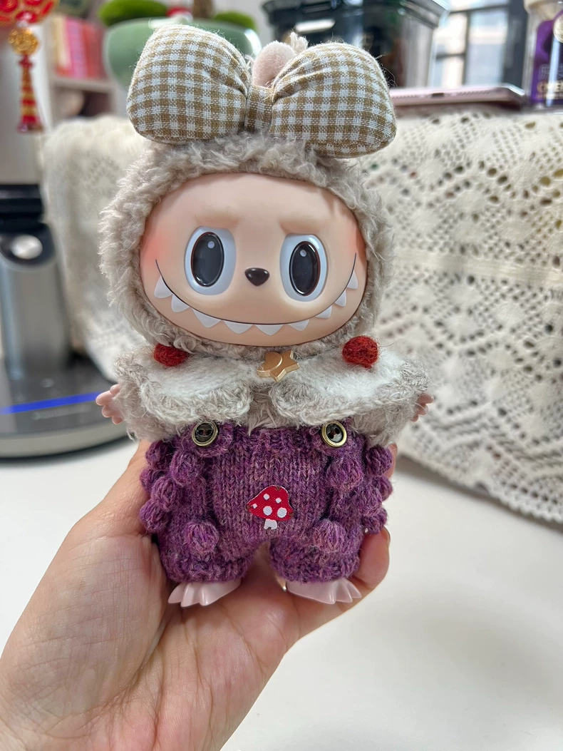 Adorable LABUBU Outfit: Purple Mushroom Suspenders & Pom-Pom Hood Set – Premium Doll Clothes - Image 3