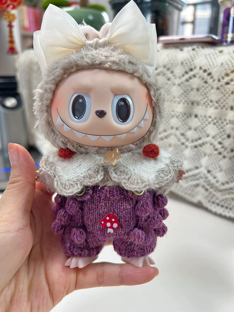Adorable LABUBU Outfit: Purple Mushroom Suspenders & Pom-Pom Hood Set – Premium Doll Clothes - Image 4