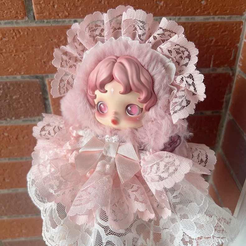 Enchanting Skullpanda Doll Outfit: Elegant Lace Dress & Headpiece in Pastel Pink - Image 2