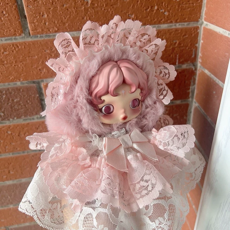 Enchanting Skullpanda Doll Outfit: Elegant Lace Dress & Headpiece in Pastel Pink - Image 3