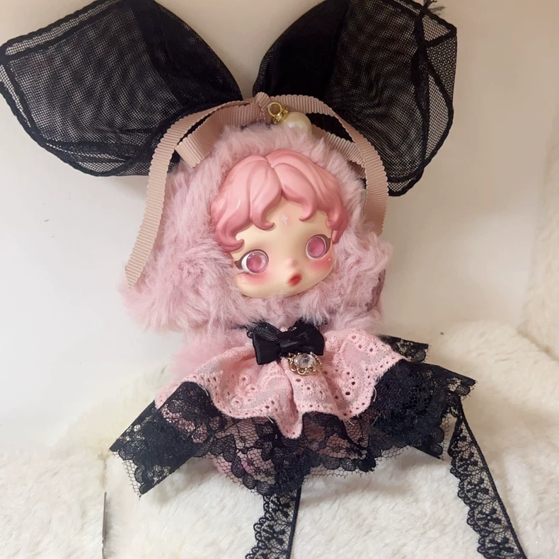 Enchanting Skullpanda Doll Outfit: Elegant Lace Dress & Headpiece in Pastel Pink - Image 9