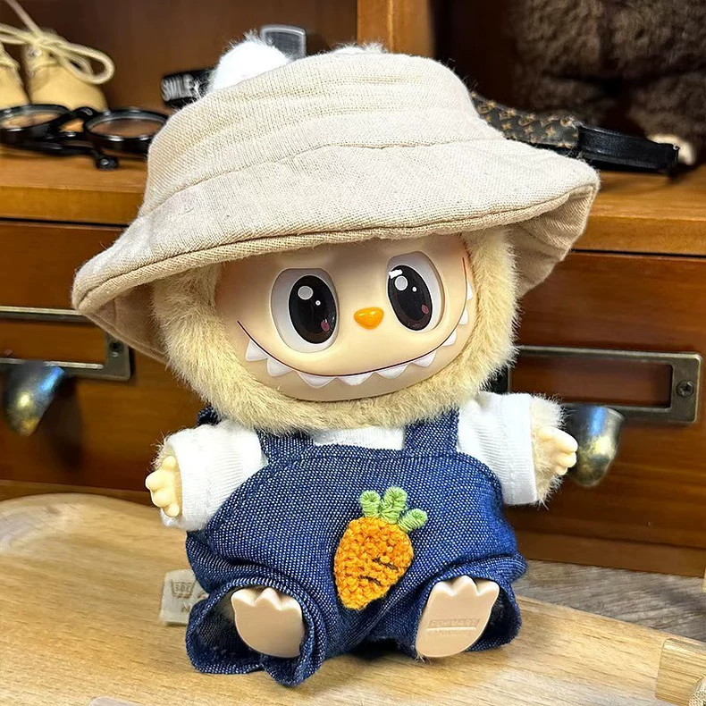 Adorable Carrot Outfit for 15-17cm Labubu Doll – Cozy Hat & Playful Denim Overalls - Image 5