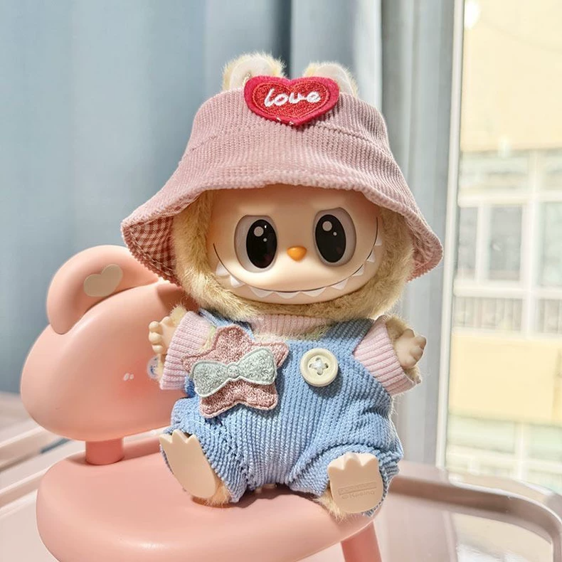 Charming Labubu Doll Outfit: Light Blue Corduroy Suspenders & Pink Love Heart Hat for 17cm Figures - Image 2