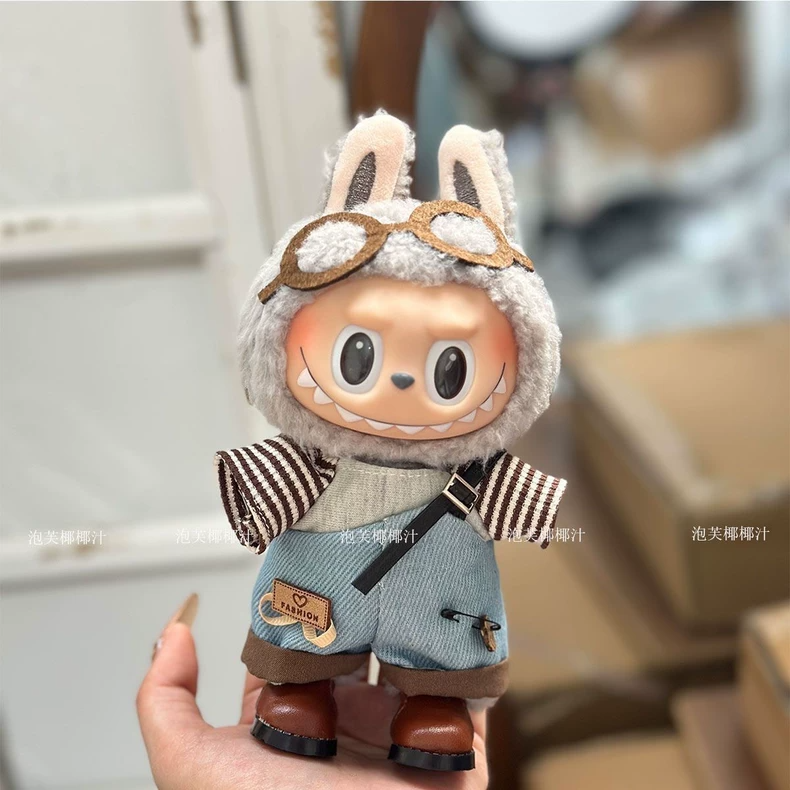 Charming Labubu Doll Outfit: Striped Shirt & Denim Overalls for Stylish Play & Display - Image 1