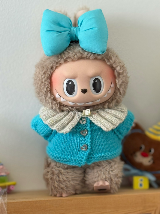 Charming Labubu Doll Outfit: Turquoise Cardigan & Beige Hood with Elegant Bows – Premium Collectible - Image 1