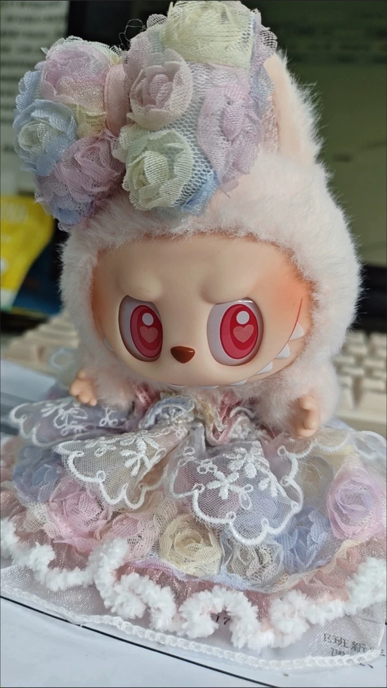Whimsical Labubu Doll Outfit: Pastel Lace Ensemble with Floral Headband for Collectors & Play - Image 1