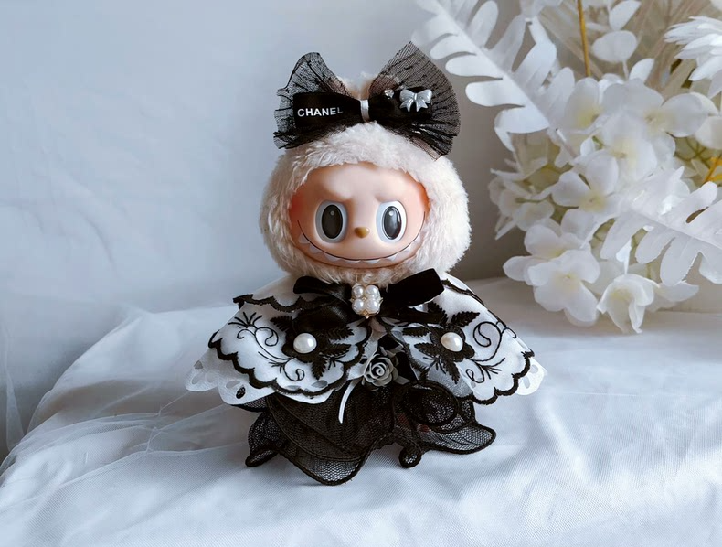 Elegant Chanel-Inspired Labubu Outfit: Black & White Lace & Satin Ensemble with Pearl Embellishments - Image 1