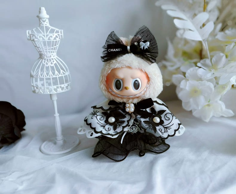 Elegant Chanel-Inspired Labubu Outfit: Black & White Lace & Satin Ensemble with Pearl Embellishments - Image 2